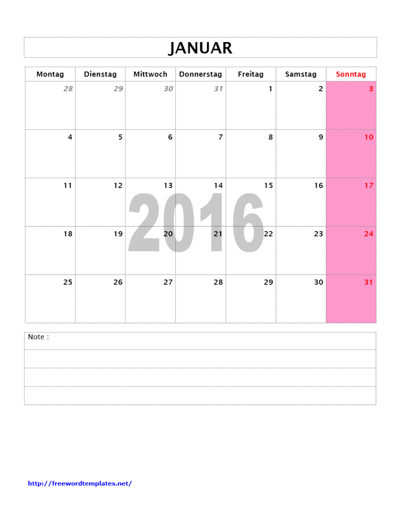 Kalender 2016 Monat