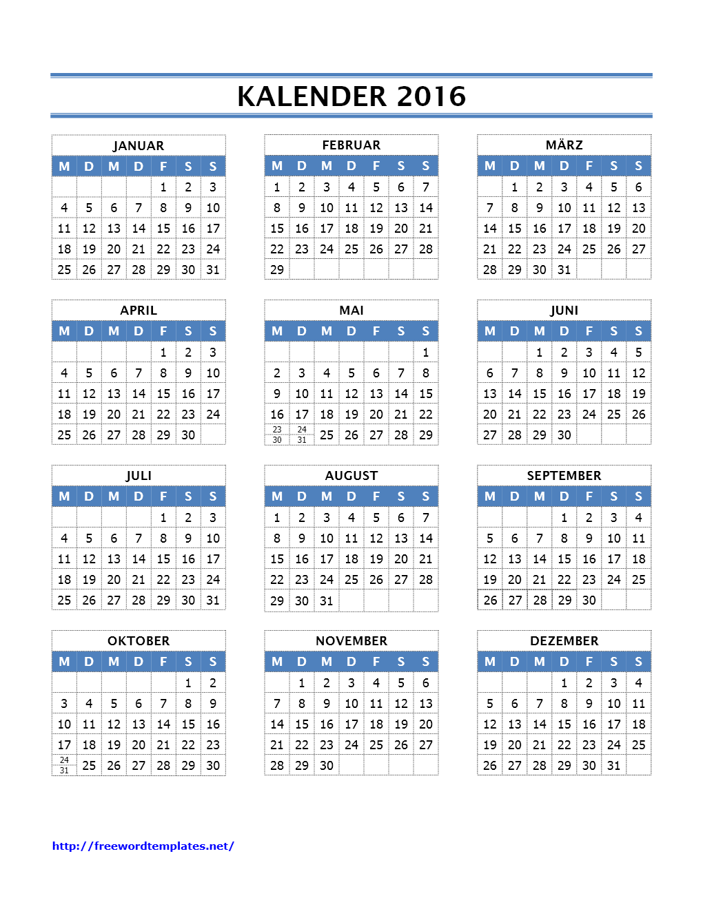 Kalender 2016 Vorlagen